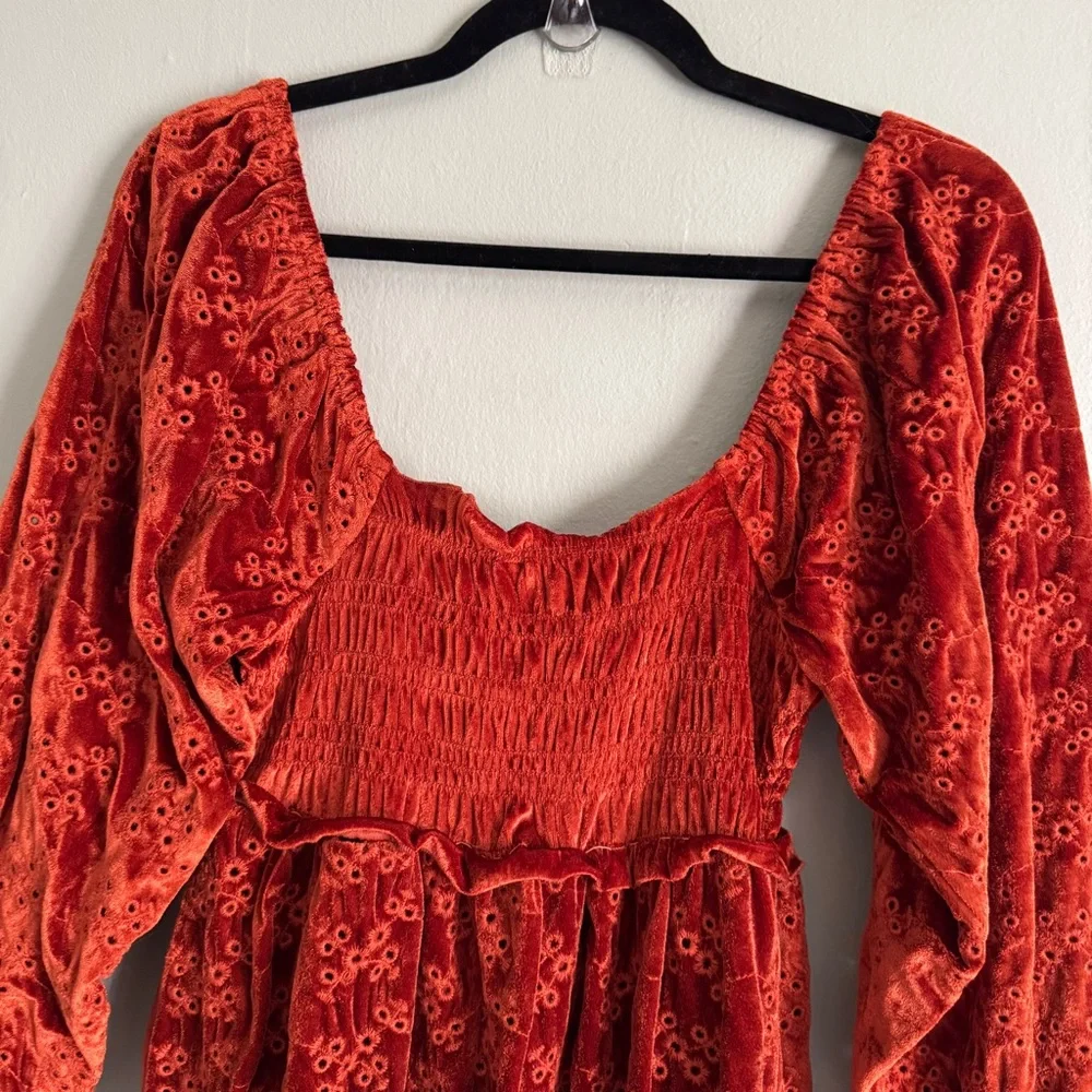 ASOS velvet broderie shirred midi dress burnt red eyelet lace long sleeve US6 - Picture 9 of 13